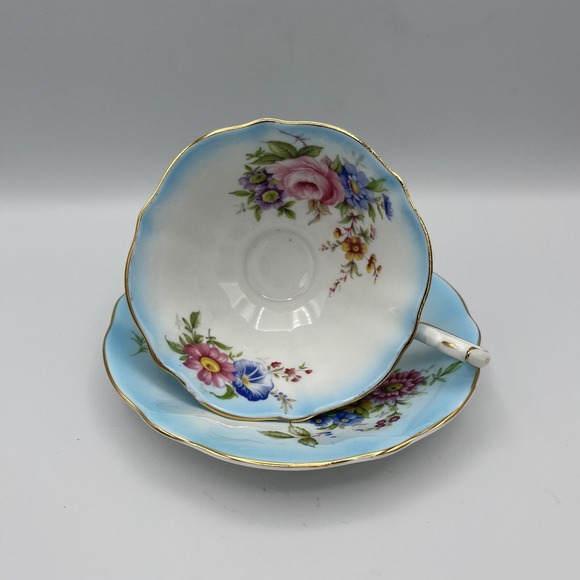 Vtg Queen Anne Cup Saucer Turquoise Blue Floral Cabbage Rose Footed Gold Trim - Picture 6 of 12